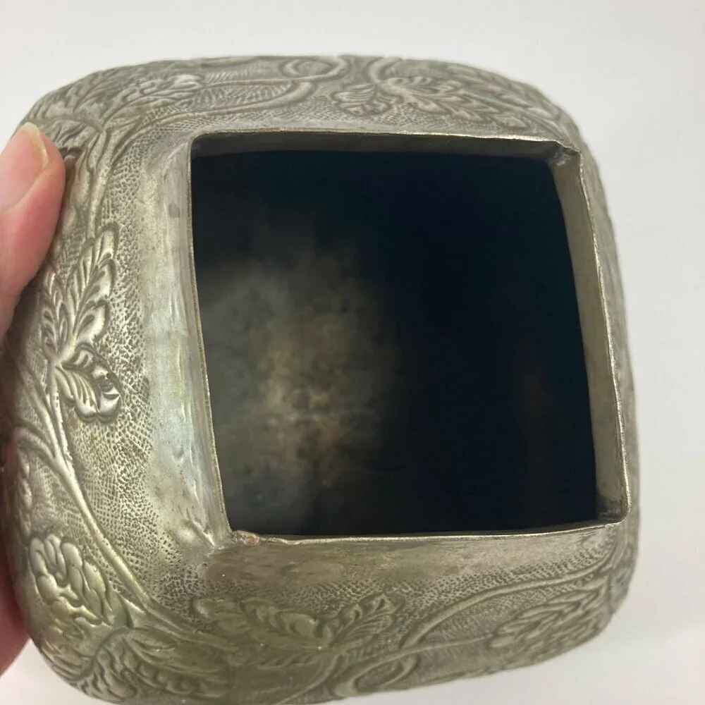 Ornate Indian Handtooled White Brass Flat Top Triangular Pot Lid Made in India 6